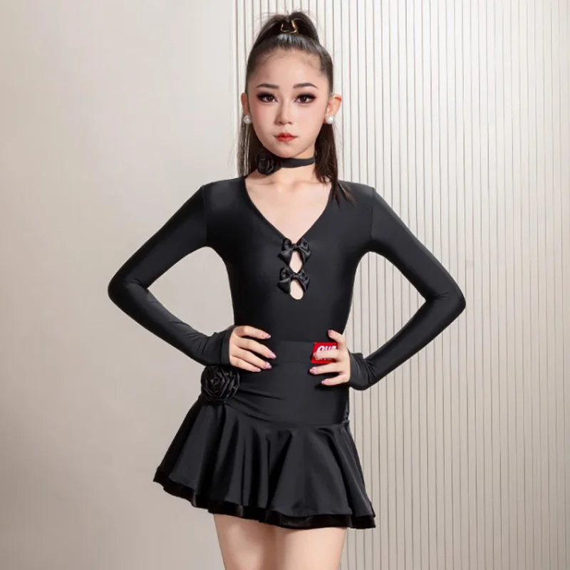 

Черные детские костюмы для латиноамериканских танцев для девочек: боди с бантом и плиссированная юбка с цветами, детская одежда для выступлений по бальным танцам и румбе