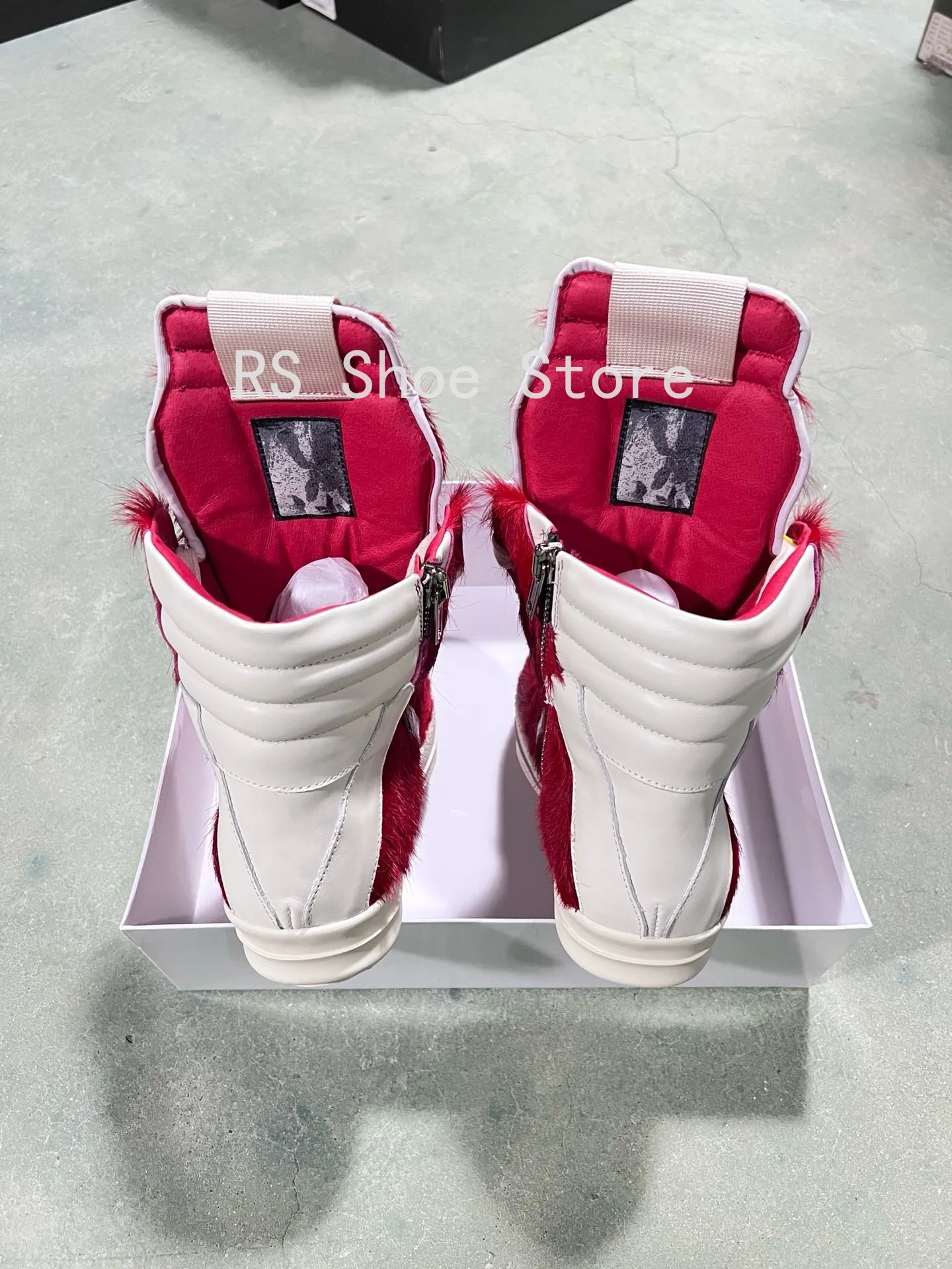 Ro الفاخرة الرجال حذاء بوت بطول الكاحل الأحمر شعر الخيل أحذية النساء حذاء رياضة شعر الحصان الأحمر عالية أعلى حذاء كاجوال سستة أحذية رياضية