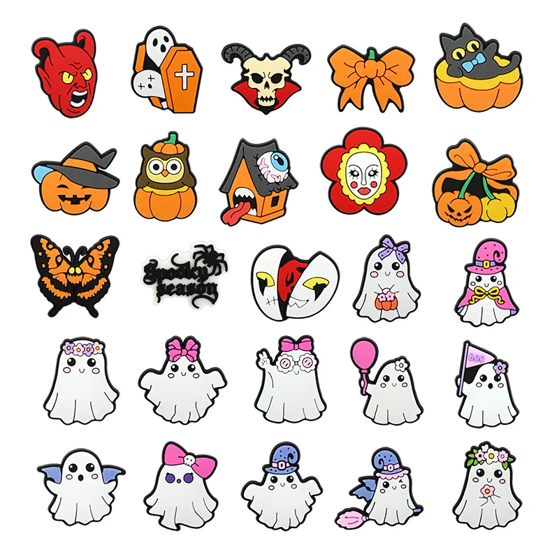 

25pcs Set New Halloween Cartoon PVC Shoe Charms Cute Ghost Pumpkin Skull Spider For Slides Sandals Clog Decor DIY Accessories