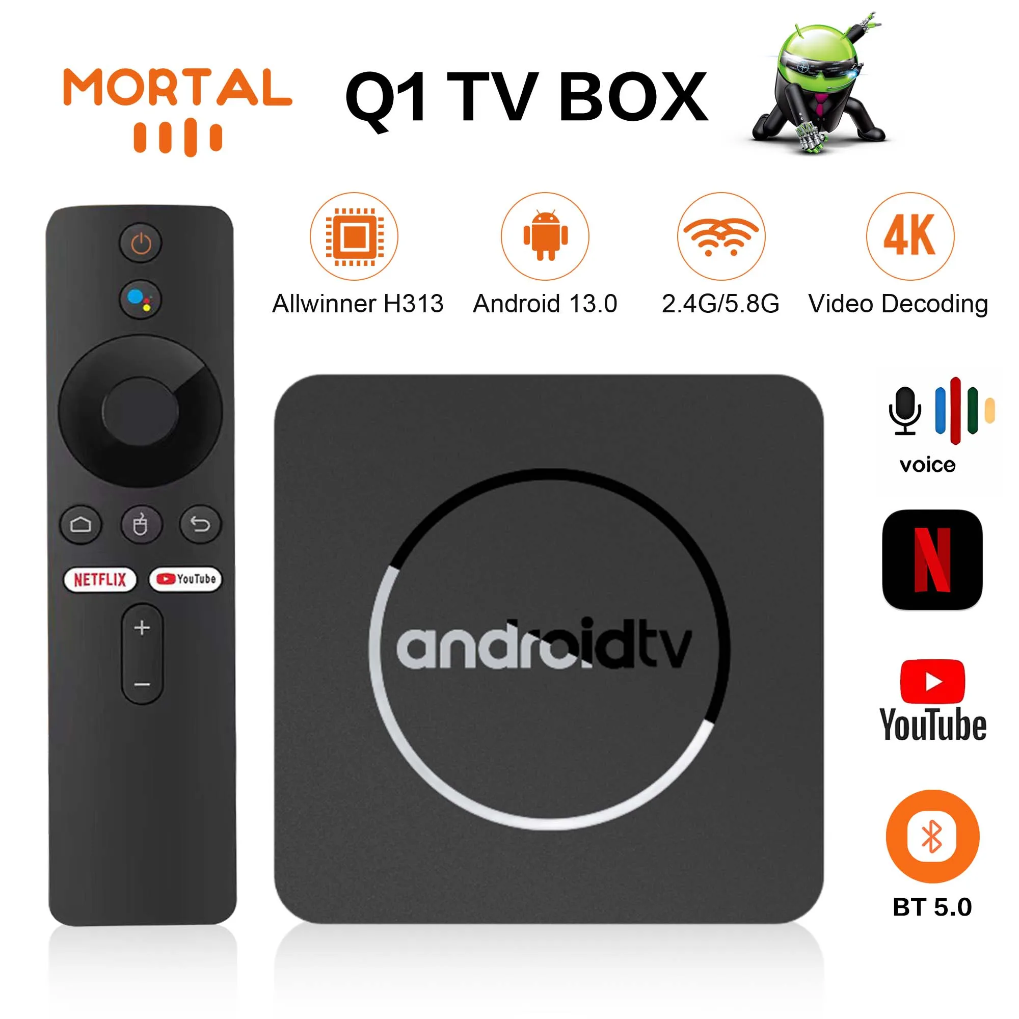 Q1 Android 13 4K HDR Allwinner H313 Smart TV Dual Wifi BT5.0 Google voice assistant Set Top Box Media Player chormecast Netfllix