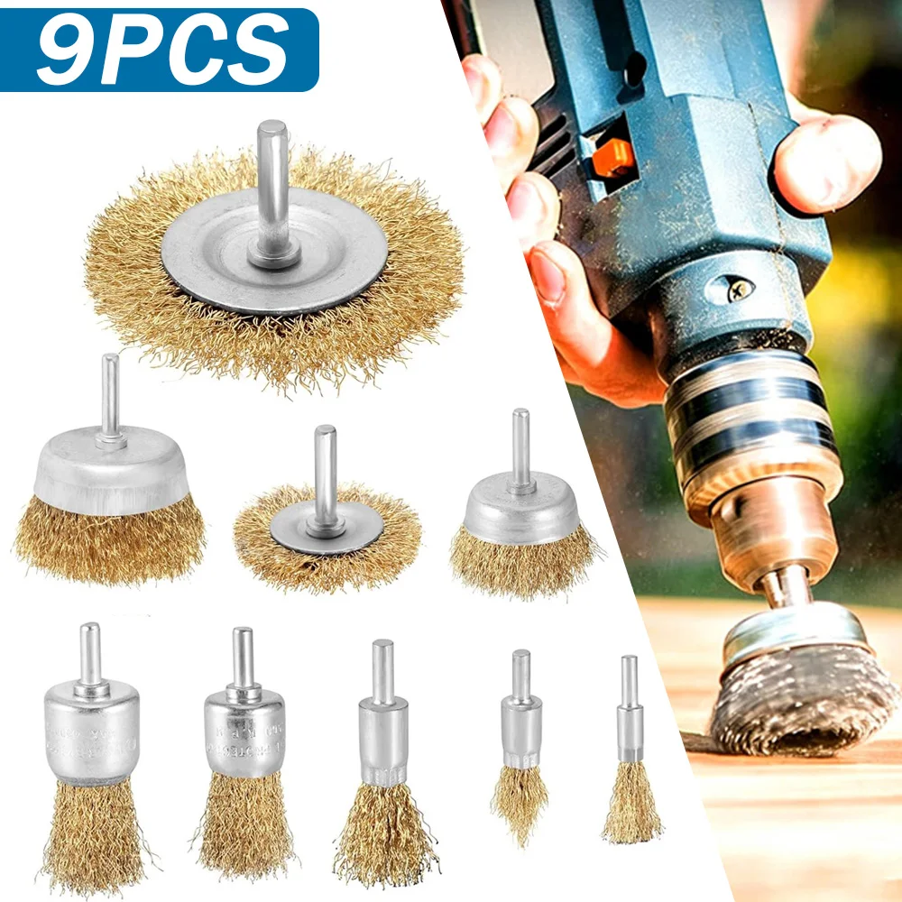 9 pièces de brosses métalliques en fil d'acier pour perceuse électrique avec tige, utilisées pour le perçage, brosse en acier revêtue de laiton, utilisée pour l'élimination de la rouille, le débavurage et le nettoyage des surfaces de métal, de pierre et de bois.
