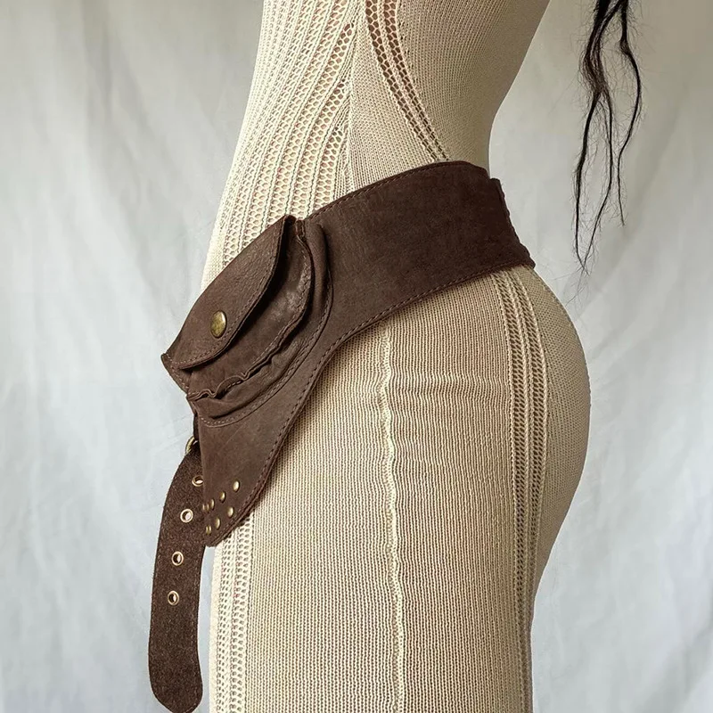 حزام خصر من الجلد الصناعي البني بتصميم عتيق للنساء، أحزمة ملابس كاجوال عصرية للحفلات مع ملحقات الجيب