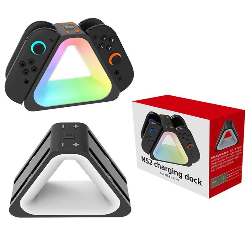 Ładowarka do 2 kontrolerów Joy-Con Switch, stacja szybkiego ładowania 4 w 1 do kontrolerów NS2, trójkątny kształt z podświetleniem RGB LED