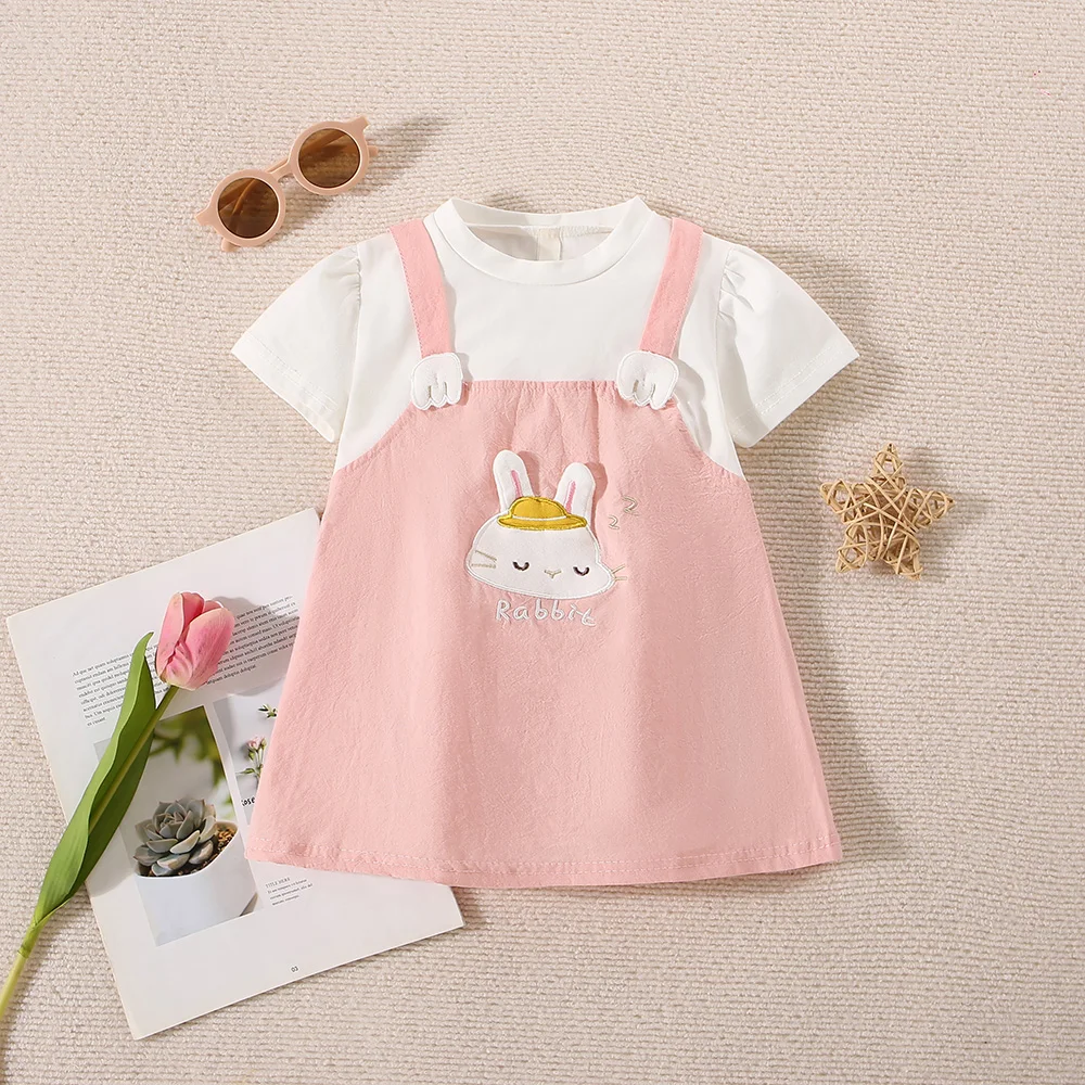 (0-3 years old) Summer baby girl cotton rabbit fake two-piece short sleeved dress girl cute princess dress