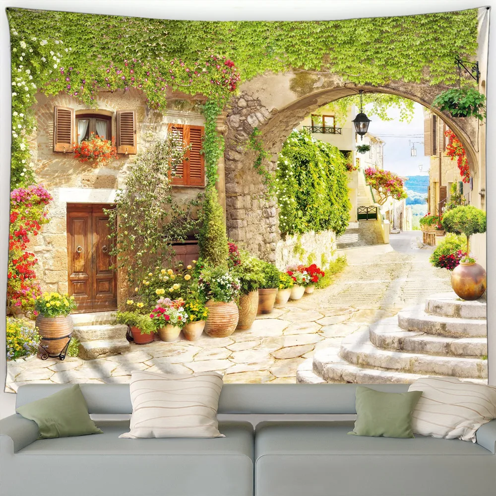 Mediterranean Landscape Tapestry Blue Ocean White Architecture Seaside Towns Flowers Scenery Wall Hanging Home Living Room Decor