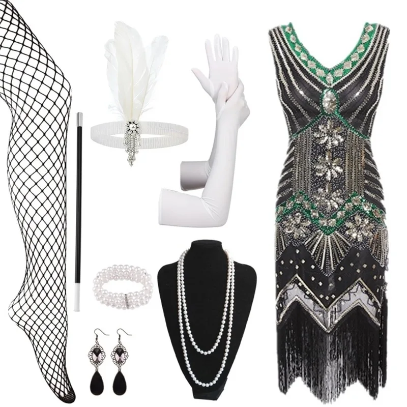 Abito da sera retrò con nappe con paillettes Dr Gateway Par con set di accessori 920s Hot S Costume tradizionale da donna Stage Co...