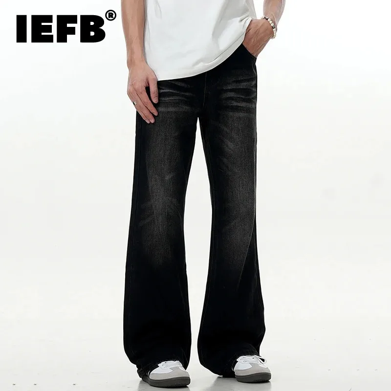 IEFB American Washing High Street Men's Jeans Cat Whisker Solid Color Boot Cut Trousers Straight Wide Leg Male Denim Pants 9W325