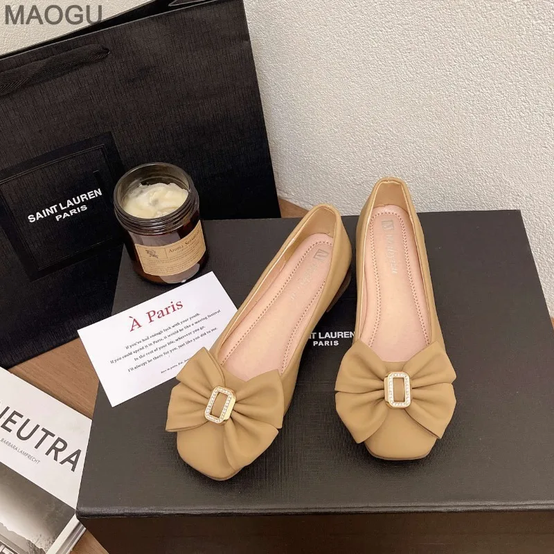 French Flats Damen-Pumps mit klobigem, niedrigem Absatz und weicher Sohle, vielseitige Schleife, lässige Mokassins für Damen, bequeme Schuhe, Slip-on-Schuhe