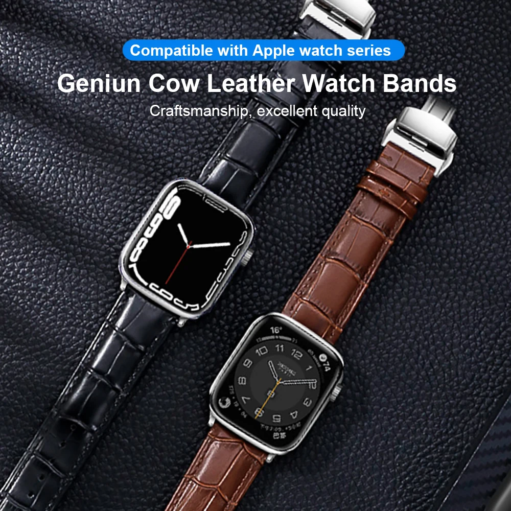 Butterfly Buckle Genuine Leather Strap For Apple Watch Band Ultra 8 7 6 SE 5 4 Watchband For iWatch 49mm 45mm 41mm 44mm 38 40mm