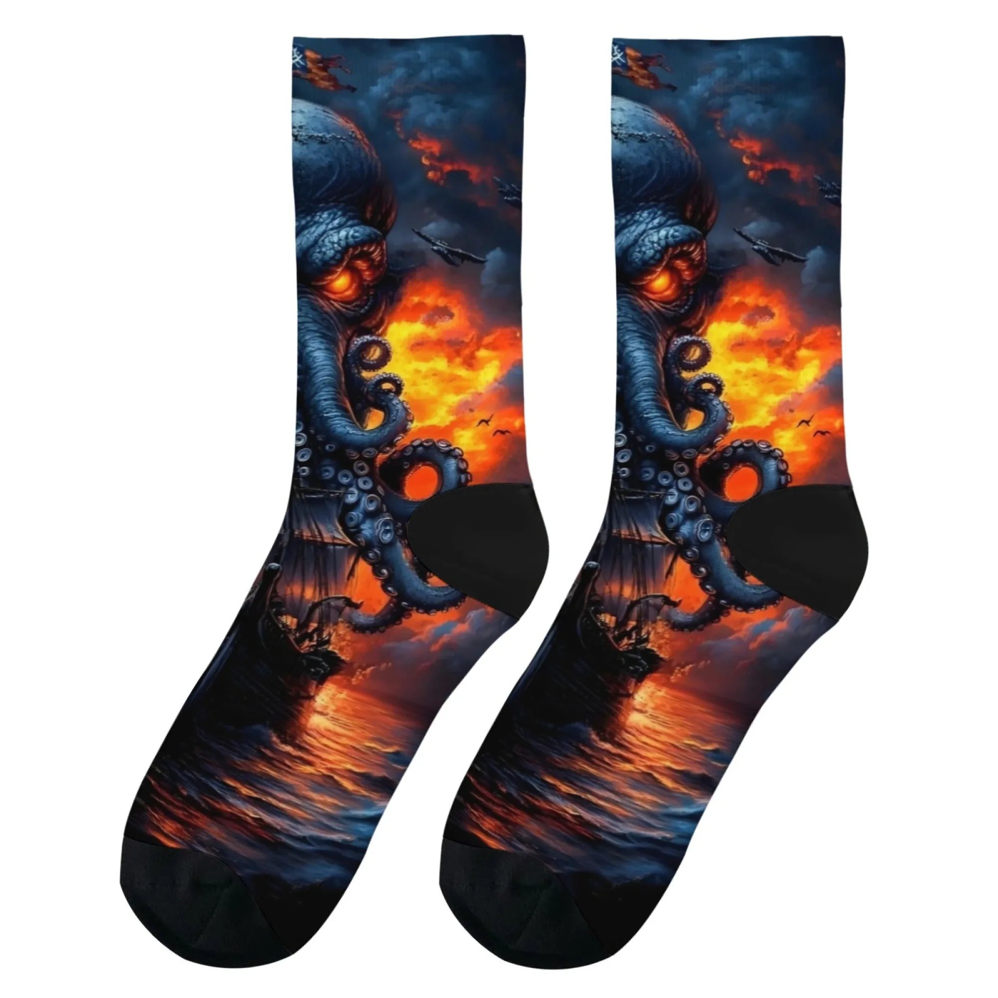 문어 미친 바다 괴물 남성 양말 레트로 스타일 크툴루 신화 테마 참신 재미있는 크루 양말 하라주쿠 스트리트 힙합 행복한 선물