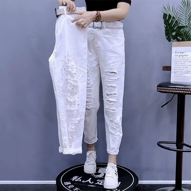 

White Hole Beaded Jeans Women's Fashion High Waist Straight Denim Pants Spring Ankle-Length Pants Summer Women Jean JJ221