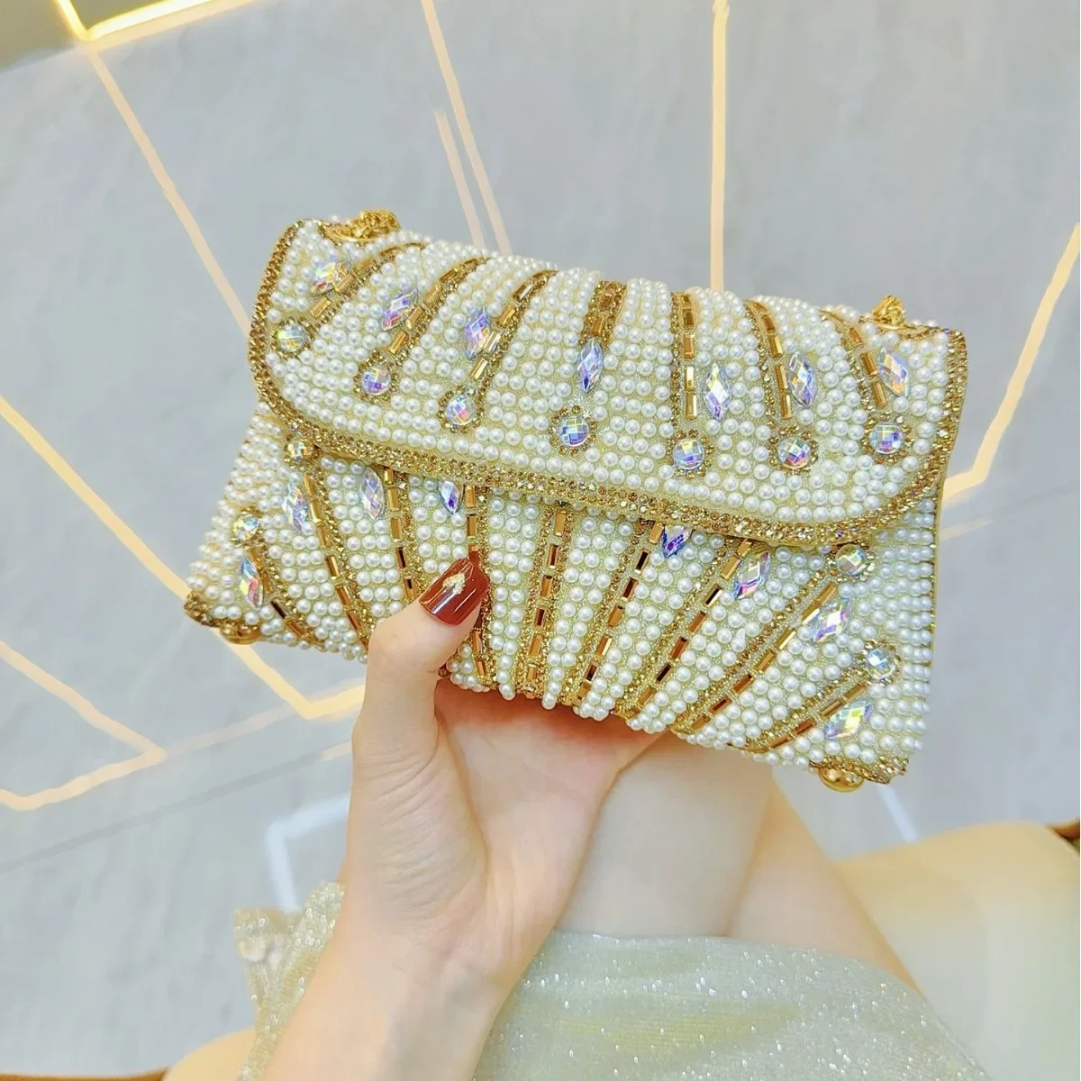 Fashion Beauty Pearl Bride Bag Chain Crystal Women Evening Bags Elegant All-match Diamond Buckle Double-sided Beads Purse