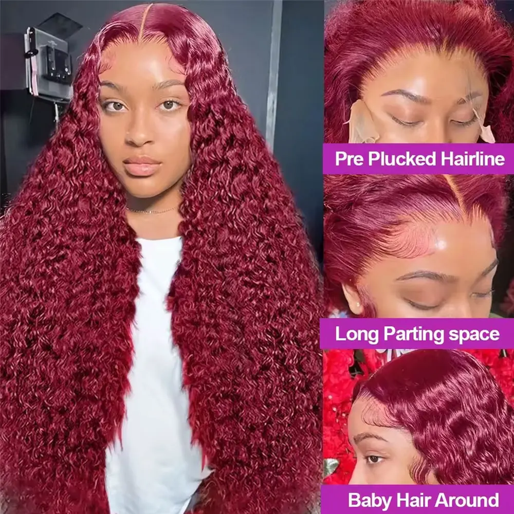 250% 13x4Hd شفافة موجة عميقة شعر مستعار أمامي ملون 99j بورجوندي عميق مجعد الدانتيل الجبهة خصلات الشعر المستعار الإنسان قبل قطعها للنساء