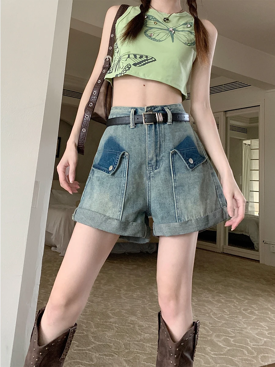 

106 Summer Trendy Streetwear Sweet Girl Denim Shorts For Women High Waist Straight Casual Loose Vintage A-Line Female Jeans 5xl