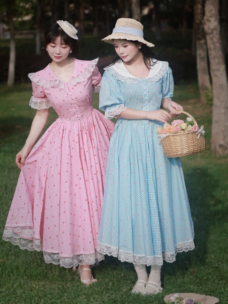 TIYIHAILEY Long Maxi Women Ladies Dress Short Sleeve Blue Pink Lace Cotton Patchwork Printed Summer Turn Down Collar Plaid