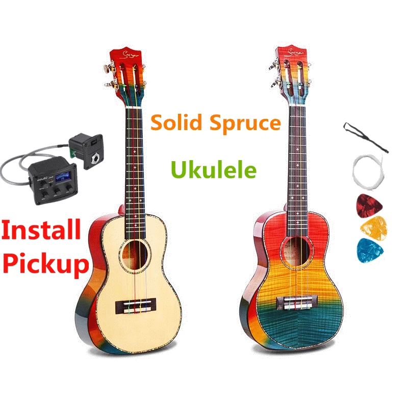 Rainbow Ukulele 24 Inches Solid Spruce Maple Mini Electric Concert Acoustic Guitar 4 Strings Ukelele Install Pickup High-gloss