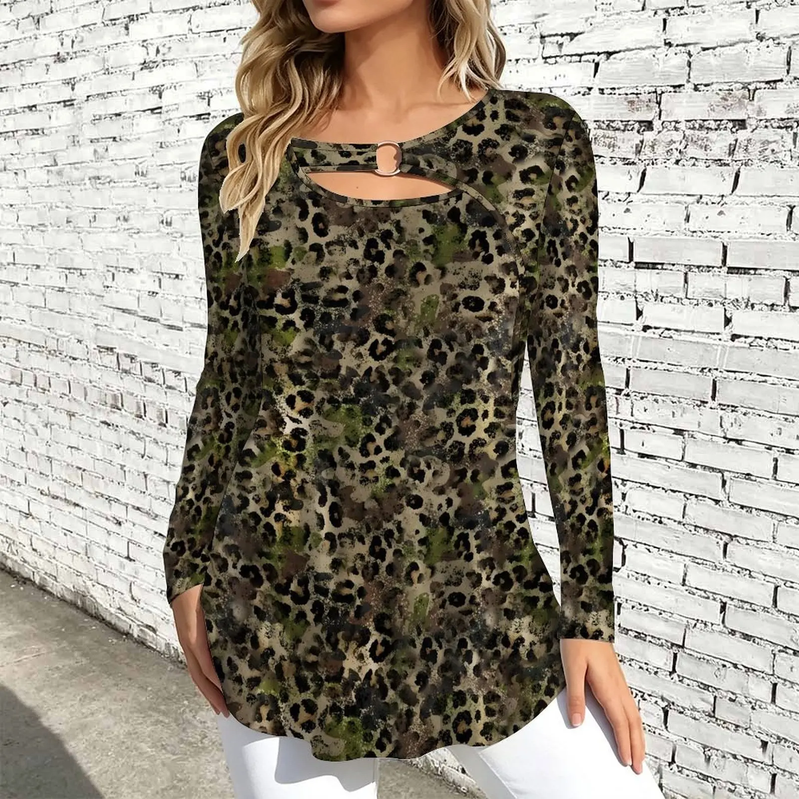 Women Long Sleeve Tunic Top Print O Ring Cutout Neck Loose A Line Hem Casual Ladies Blouse