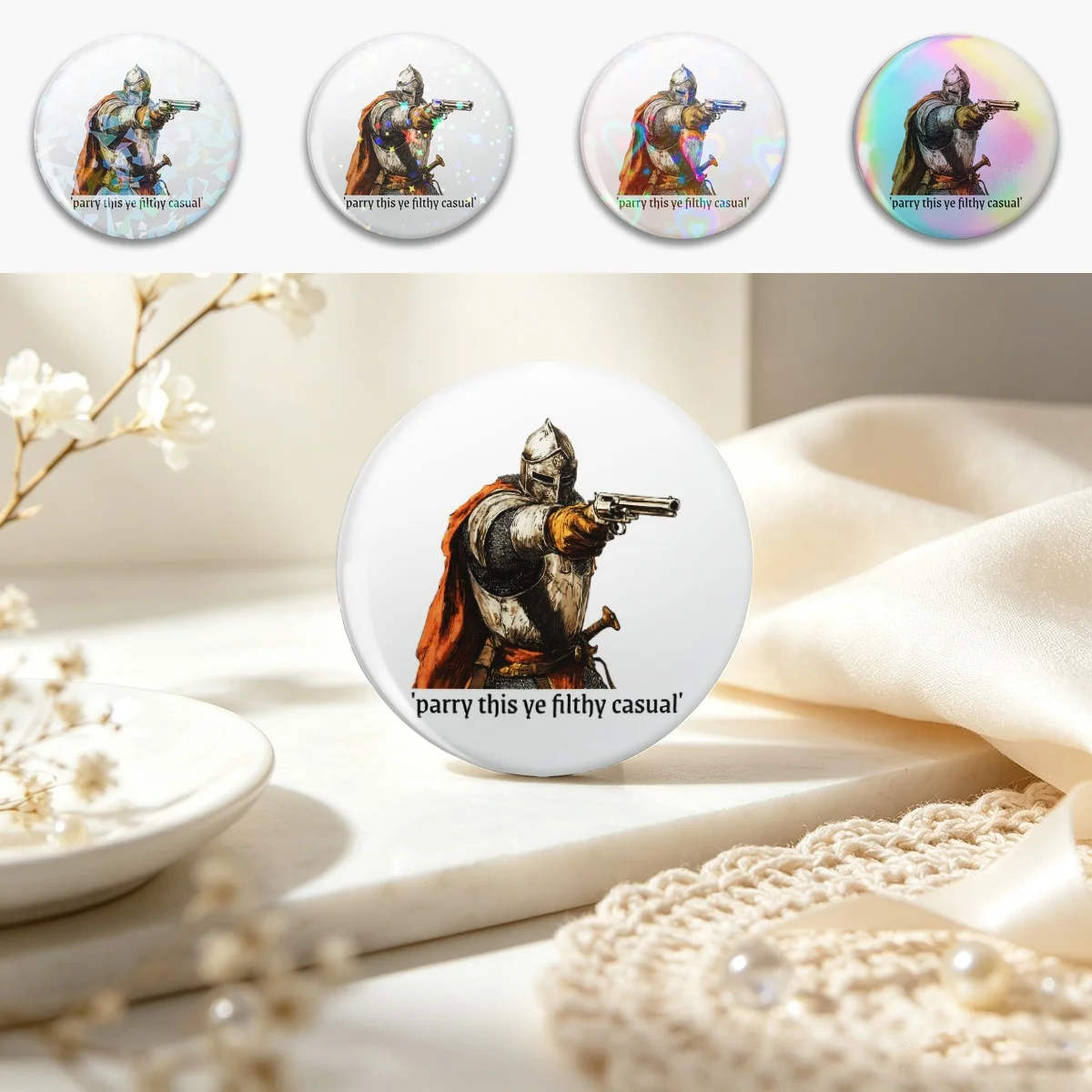 Parry This You Filthy Casual - Medieval Knight With Gun Pin Holographic Star Heart Pin Brooches Laminated Button Fashion Accesso