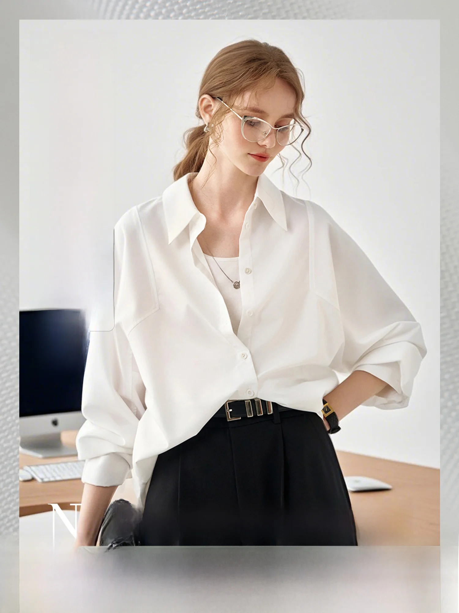 

Deconstructed Modal Loose Svel irt Commute White Women's Top Button Sle Polyester Fiber Long Sve Regular Length