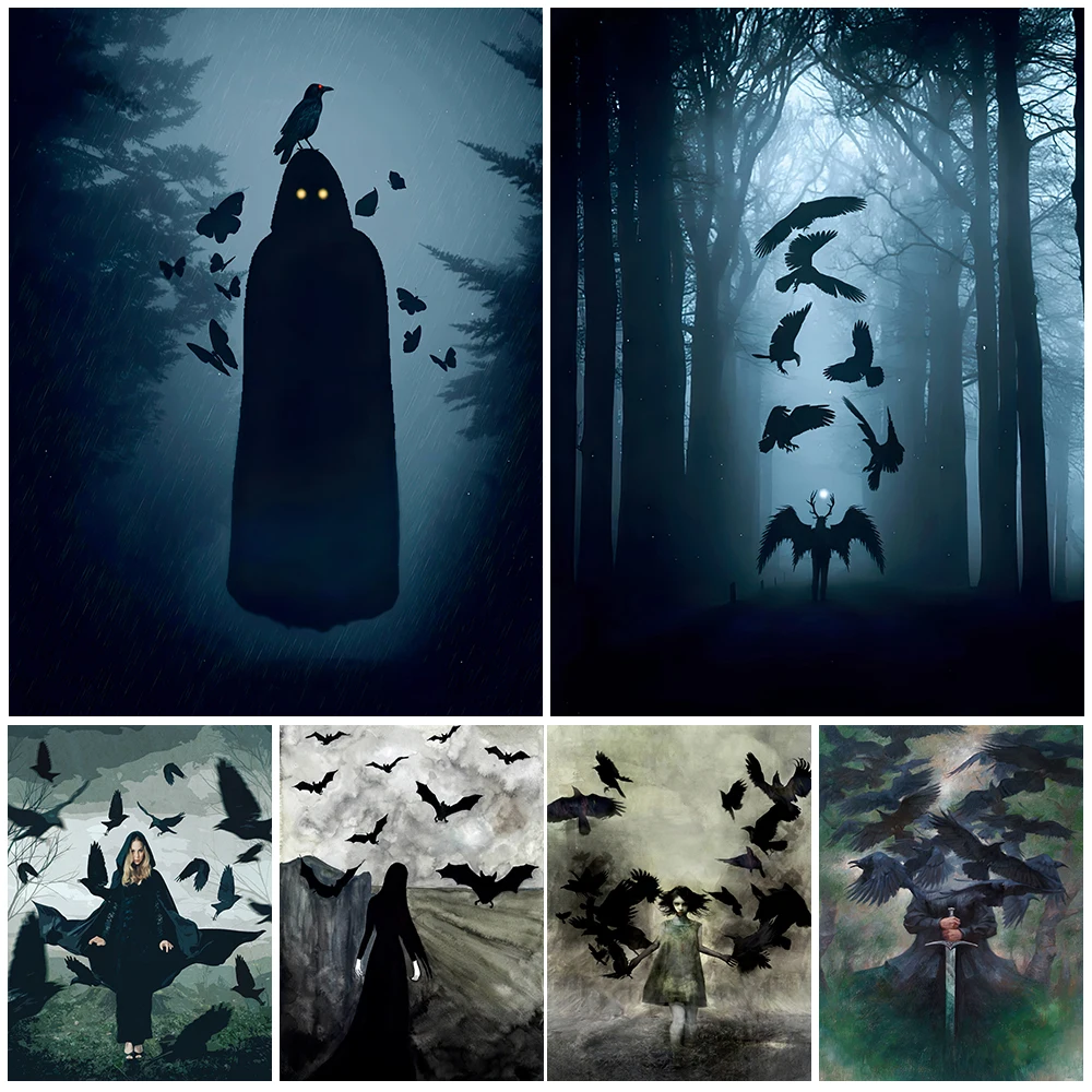 

The Black Wizard Crows Vintage Wall Art Canvas Painting Gothic Horror Raven And Bats Art Poster And Print Home Decor Unframed