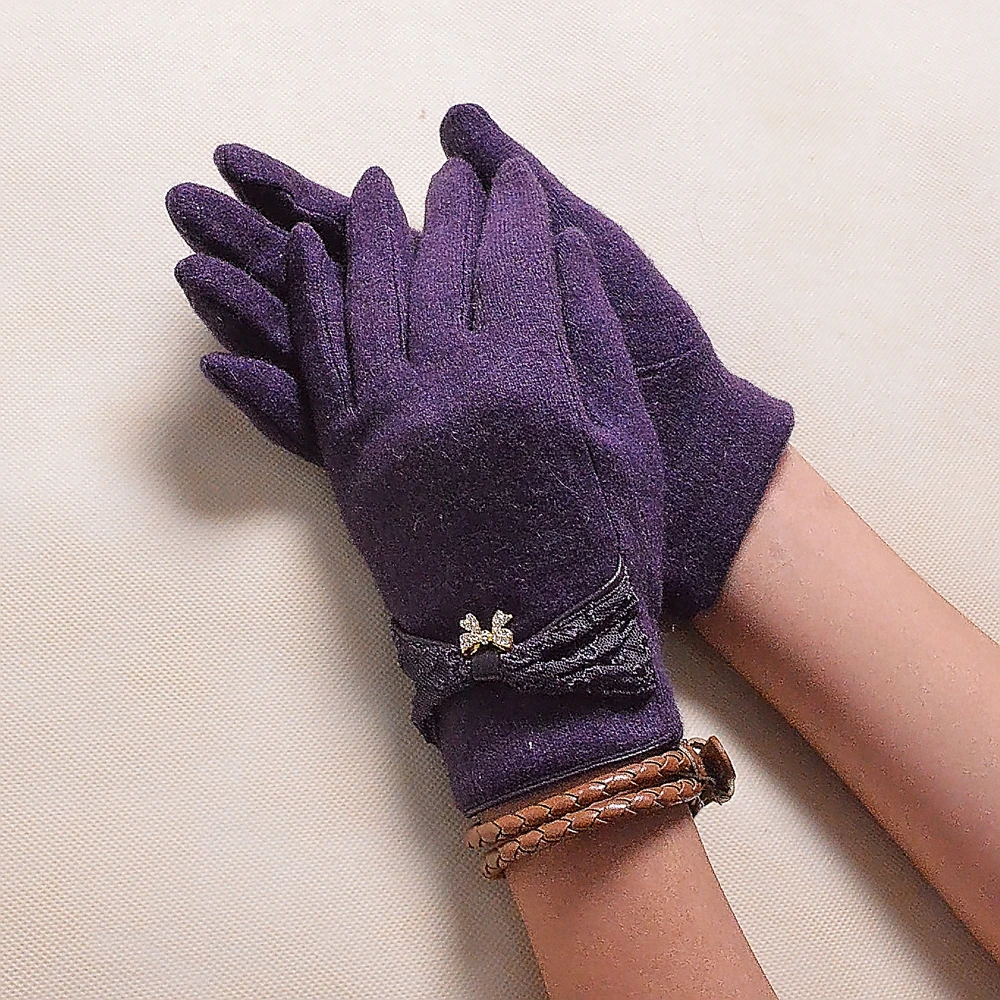 New Fall Winter Wool Solid Gloves Fashion Lace Embroideried And Bow Rhinestones Pendant Elegant Purple Mitten Gloves