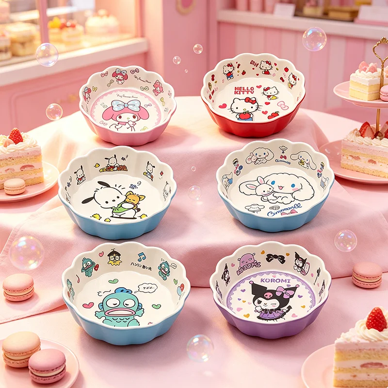 Bol à bords ondulés Kawaii Hello Kitty, dessin animé Kuromi Cinnamoroll, grande capacité, bol à flocons d'avoine, bol alimentaire de cuisine, vaisselle de maison, cadeaux