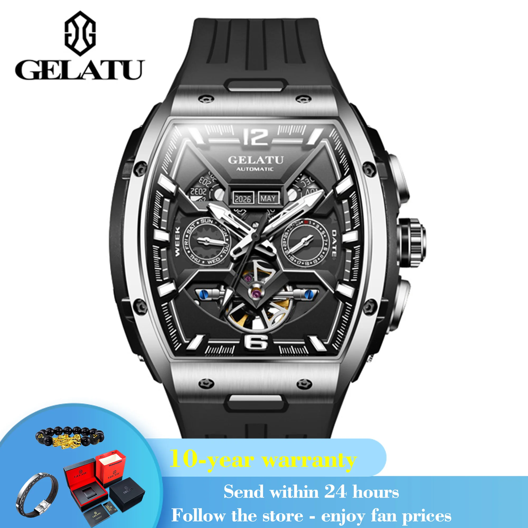 

GELATU 6013 Auto Date Man Mechanical Wristwatch Hollow Skeleton Automatic Watch For Men Waterproof Big Dial Silicone Strap Watch