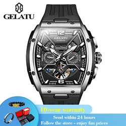 GELATU 6013 Auto Date Man Mechanical Wristwatch Hollow Skeleton Automatic Watch For Men Waterproof Big Dial Silicone Strap Watch