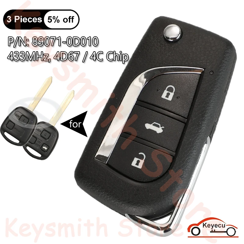 

KEYECU 3 Buttons 433MHz 4D67 4C Chip for Toyota Corolla Yaris Avensis 1998+ Auto Upgraded Flip Remote Key Fob 89071-0D010 CE0165