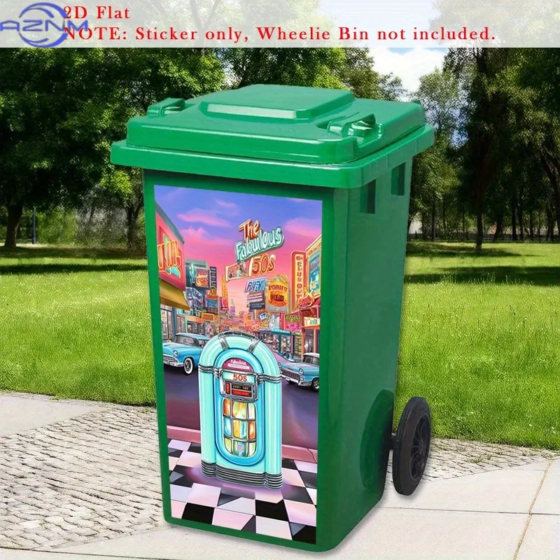1pc Vintage Trash Can Stickers - Retro 1950s Diner Decor with Neon Signs, Jukebox, Checkered Floor - Self-Adhesive PVC Dumpste