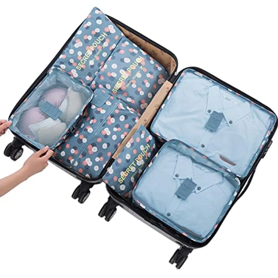 

7 Set Packing Cubes Travel Luggage Packing Organizers for Suitcase Blue Flower