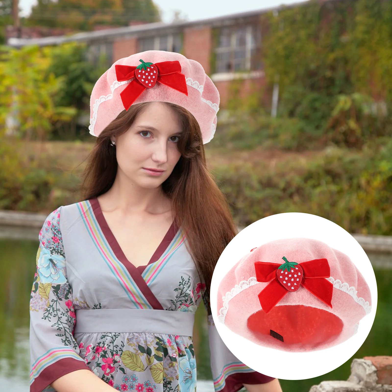 Berets Strawberry Bow Woolen French Beret Hat Wool Cap 56-58Cm Handmade Fashion Warm Hat Gift Halloween Christmas Xmas