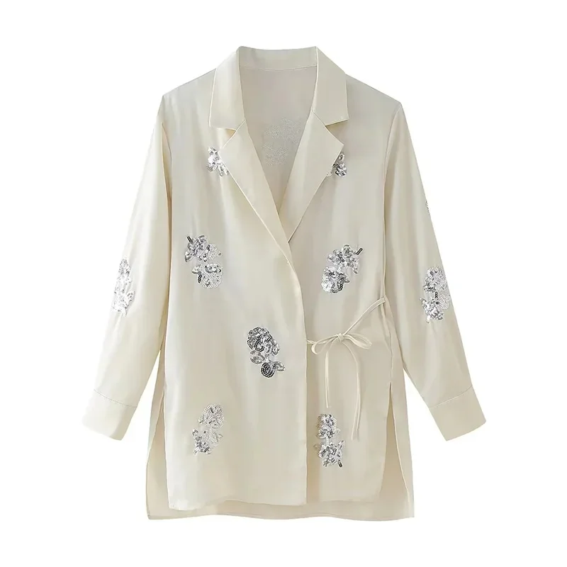 2025 paillettes 2 pièces ensembles femmes tenue paillettes Satin Blazer femmes été pantalon costume taille haute jambe large pantalon ensemble