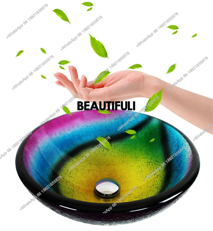 RR Mediterranean style  Round tempered glass Table Basin Household Wash Basin Art Engraving Counter Bath Vessel Sink with Tap
