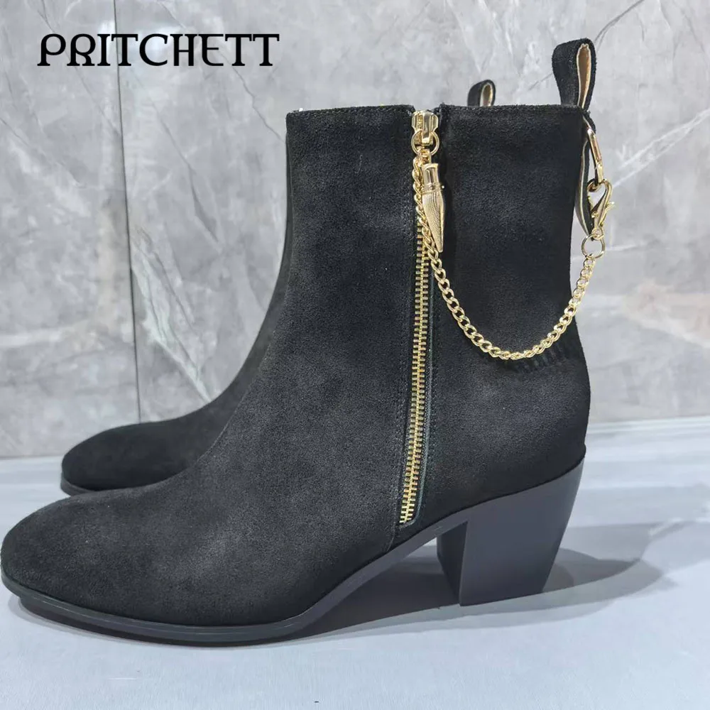 Metal Chain Decorated Matte Boots Black Suede Side Zipper Pull-On Ankle Boots Chunky Heels Casual Fashion Men's Chelsea Boots