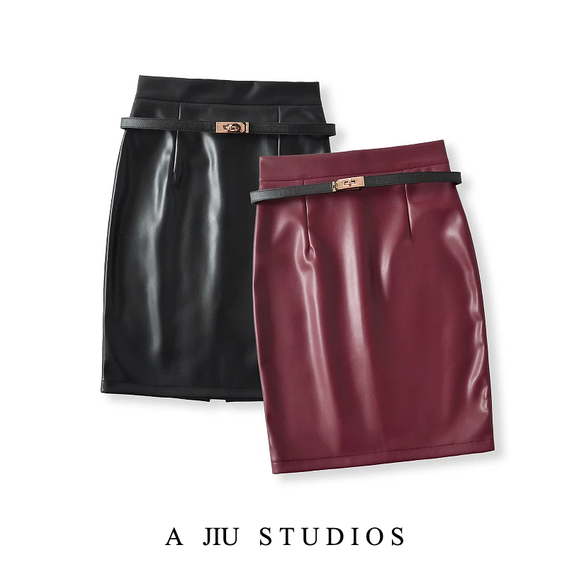 

Korean Sle Sexy High Waist PU Leather Midi Skirt with Belt Spicy Girl ort Skirt Bodycon Skirt Spring Faion Ladies' Skirts