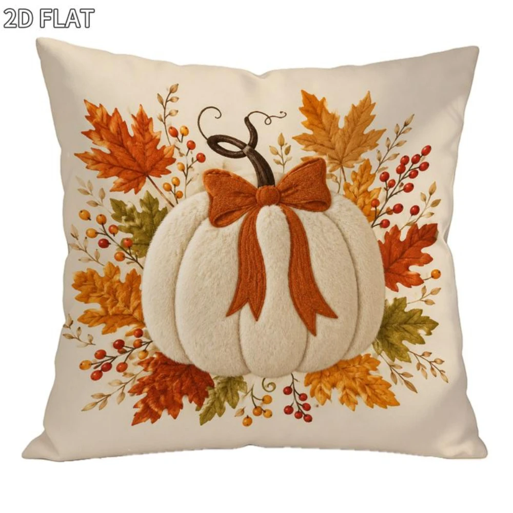 1PC 2D Flat Print Pillow Cover White Pumpkin Bow Maple Leaf Berry Fall Autumn Embroidery Style Sofa Couch Home Decor Gift