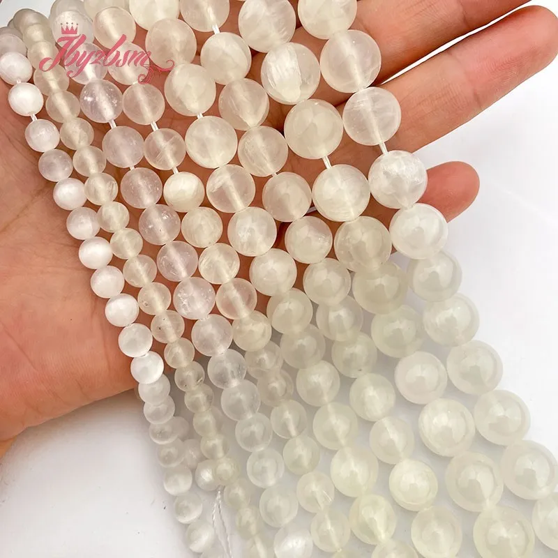 Natural Selenite Beads Round White Smooth Stone Loose DIY Strand 7inch/15inch For Necklace Bracelet Jewelry Making