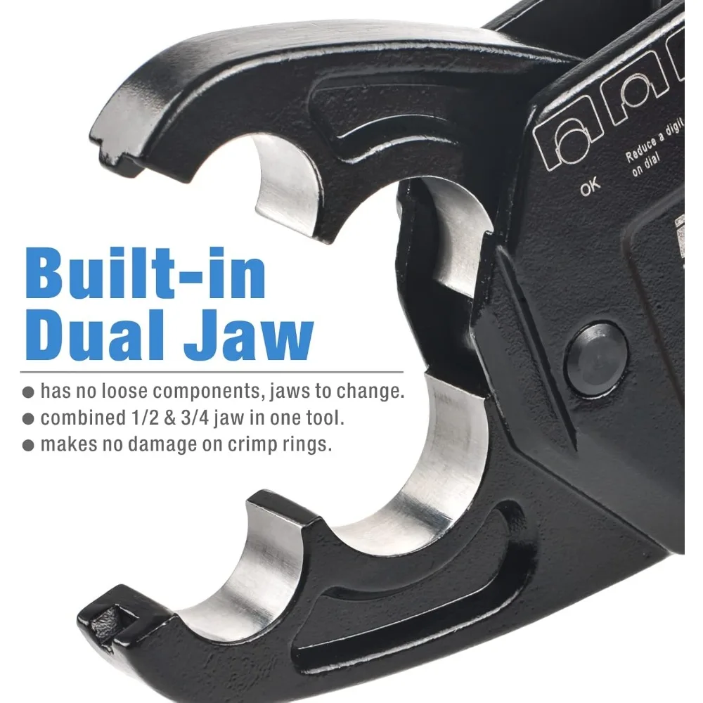 Alat Crimping Pipa Pex Kepala Sudut Kombo untuk Set Rahang Crimp Tembaga 1/2 "& 3/4" dengan Pengukur Crimp Go/No-Go