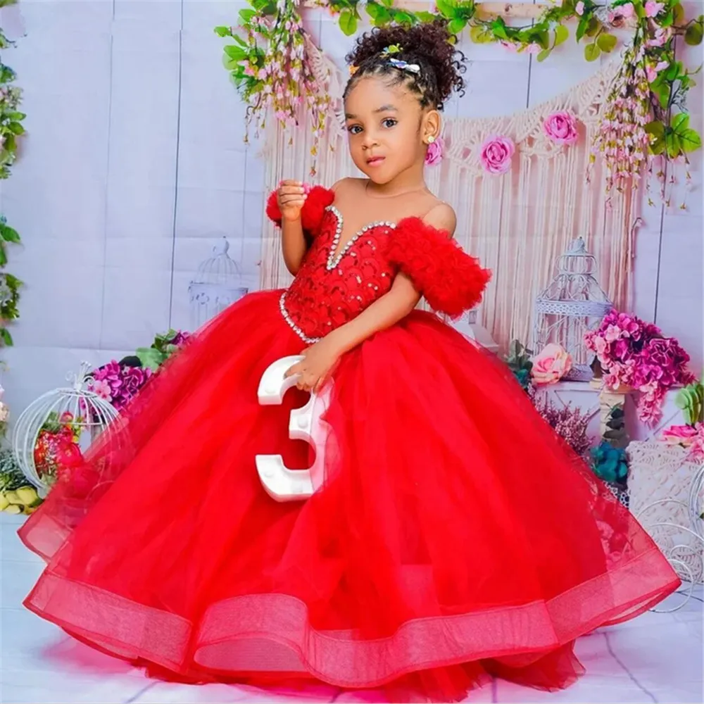 

Flower Girl Dresses Red Kids Birthday Sheer Neck Pleated Ruffles Tiered Tulle Ball Gowns for Wedding