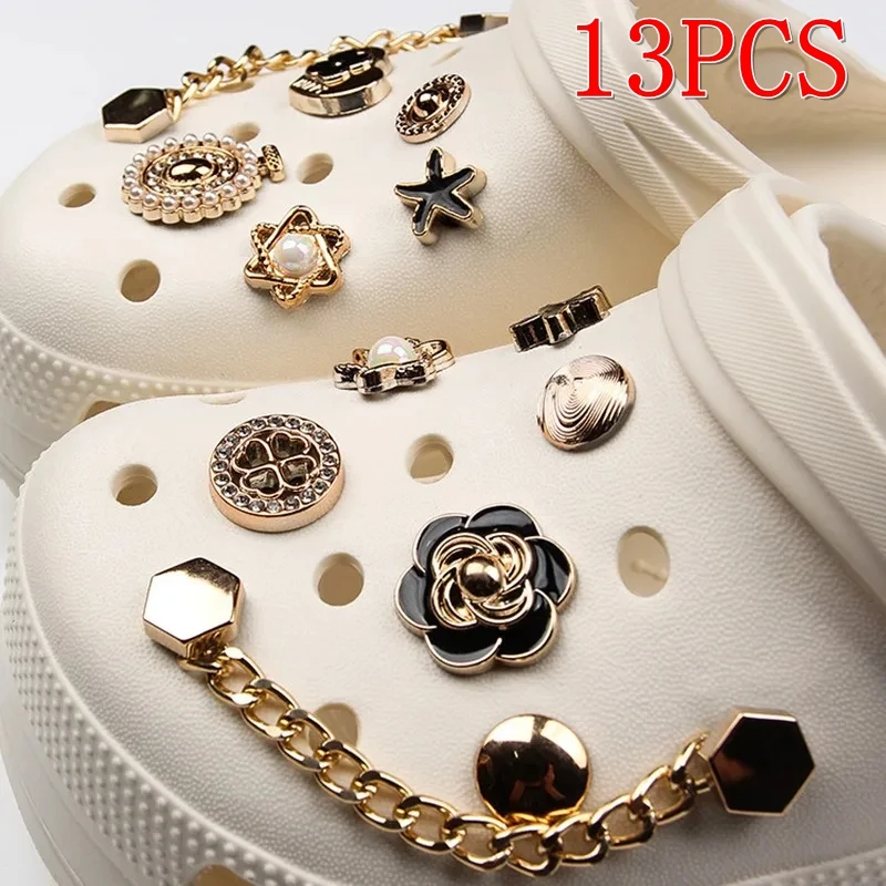 13PCS Applique Metal Toe Sets Shoe Charms Metallic Sheen Accessories Shoes Sandal Flowers Hexagram Ornament for Girl Women Shoes
