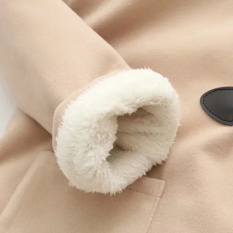 Japanese Winter Warm Hooded Jacket Kawaii Girl Cartoon Woolen Pocket Embroidery Cat Horn Buckle Coat Thick Wool Mori Girl Hoodie