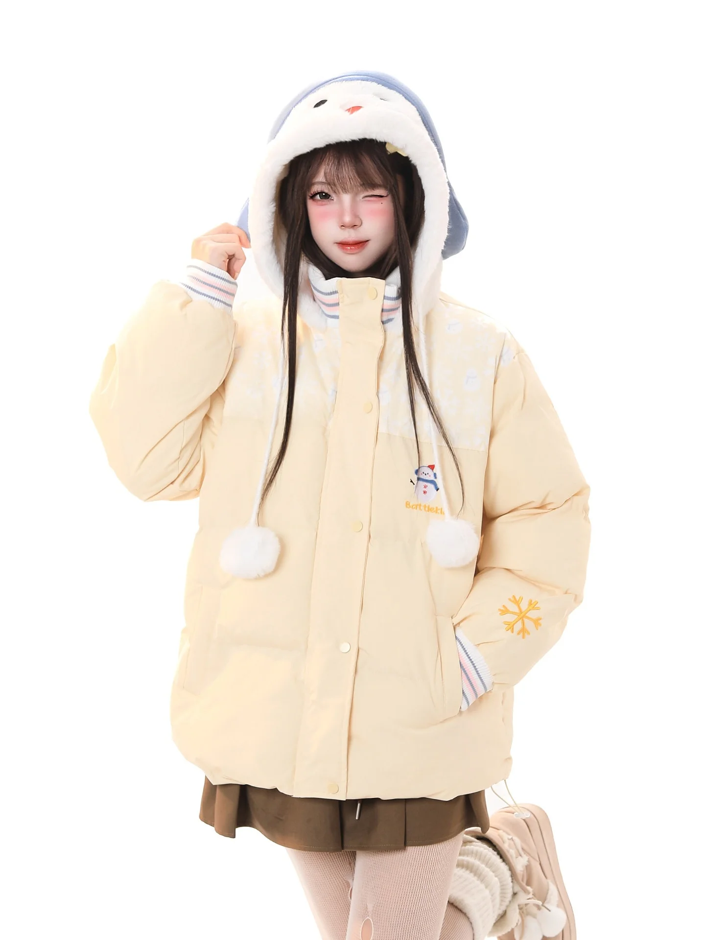 

Sweet Cute Snowman Embroidered Fce Lined Hooded Cotton Jaet Women's Winter Casual Thiened Warm Bread Sle Coat