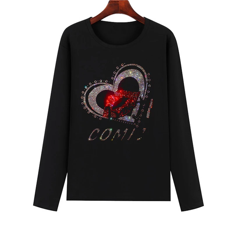 Best-selling t-shirts for women in autumn long-sleeved women's fashion color rhinestone red lips pattern soft cotton t-shirts