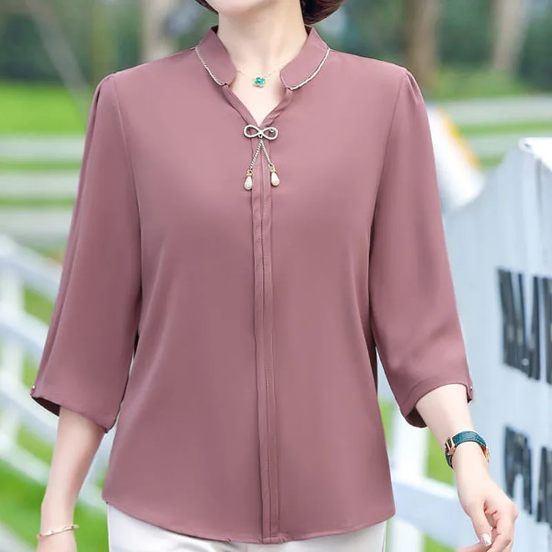 Thin Chiffon V-Neck Gold Edged Neckline Three-quarter Sleeve Spring Summer Clothing Bowknot Metal Decoration Noble Ladies Blouse