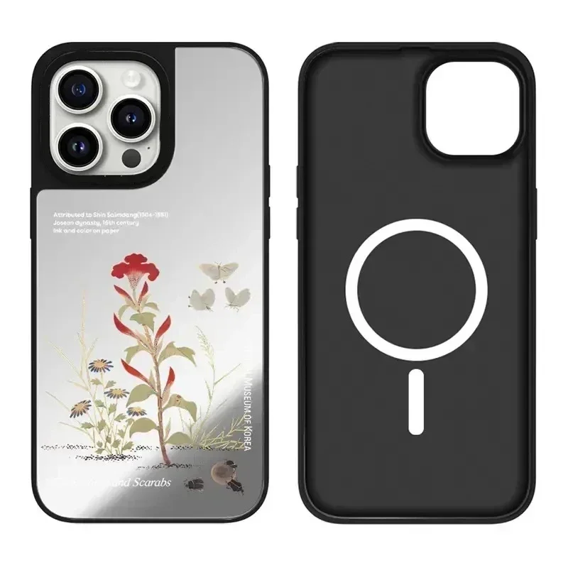 

Korean Museum Flower iPhone 11 12 13 14 15 Pro Max Mirror Surface MagSafe Case Cover Shell