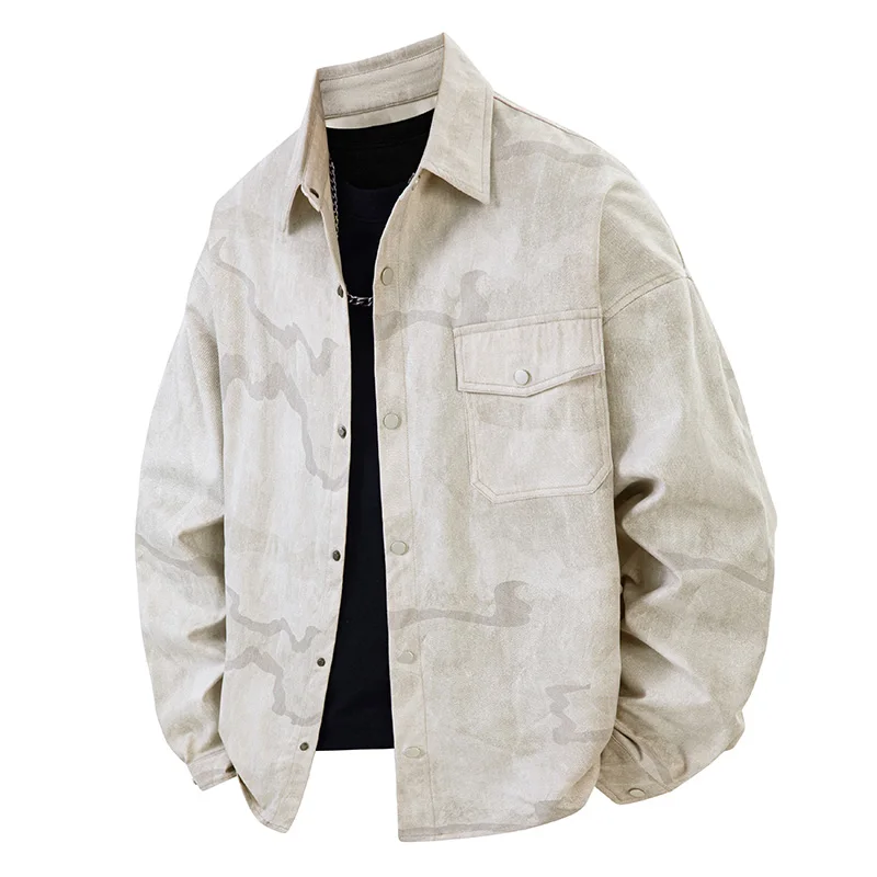 جديد الرجال موضة عادية قمصان دنيم الرجال المطبوعة رفض طوق جاكيتات ربيع الخريف الرجال قمصان فضفاضة طويلة الأكمام
