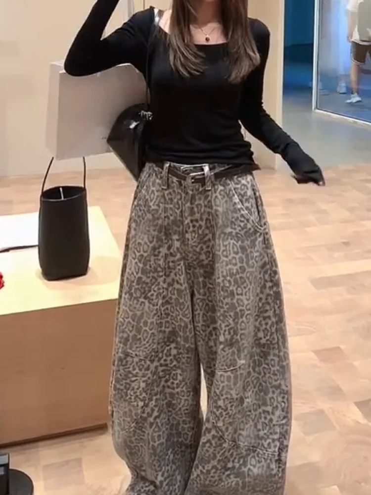 

Cool Girl American Sle Leopard Print High Waist Loose Wide Leg Jeans Women's Autumn Design Sense Floor-Length Trendy Denim