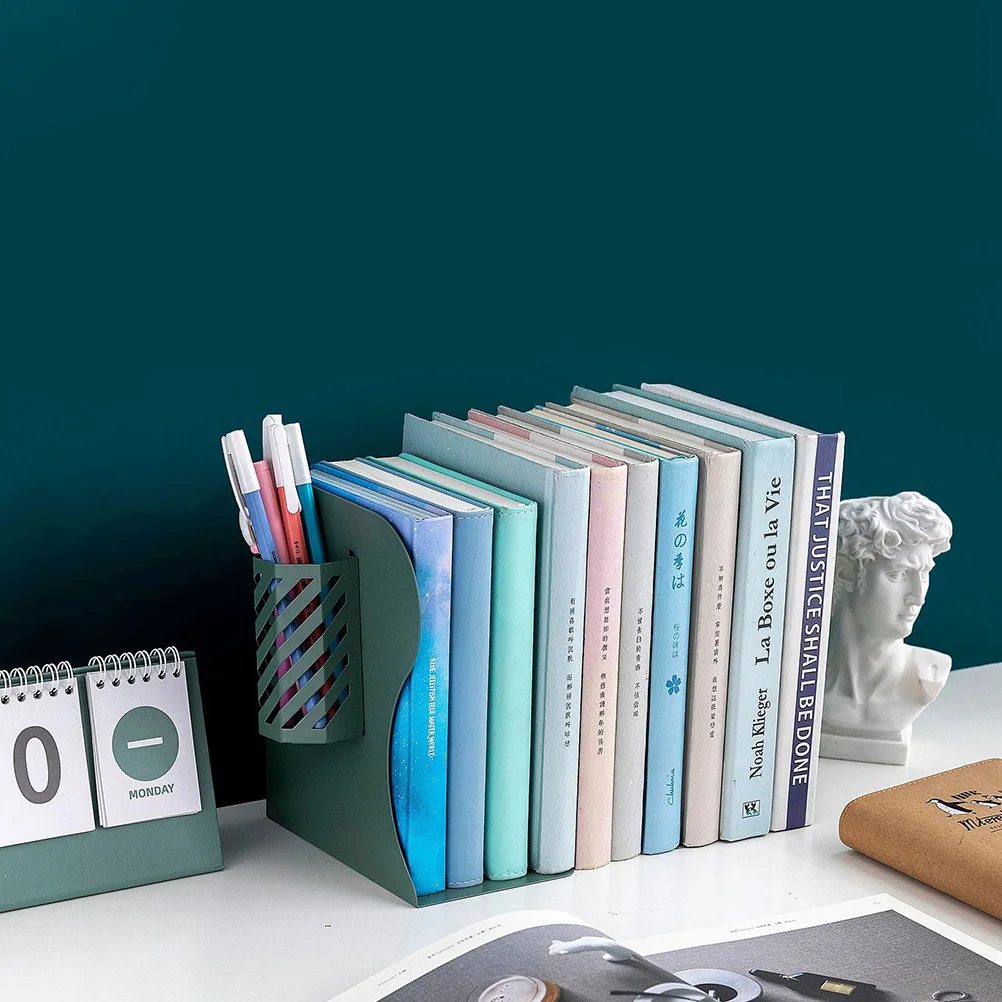 

Folding Telescopic Metal Bookends Creative Office Desk Book Supports Organizer with Pen Holder Bookends with Pen Holder