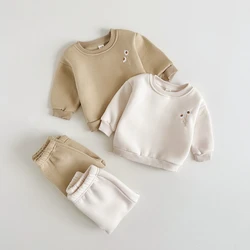 Winter Boys and Girls' Clothing Thickened Plush Daisy Flower Embroidery Warm Sweatshirt+Pants Children's Sportswear 2 Piece Set